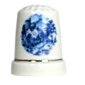 Victorian Medieval Cottage Blue Background Porcelain Souvenir Thimble Home Decor